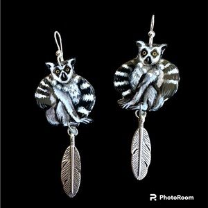 Adorable ringtail lemur earrings handpainted feather charm OOAK